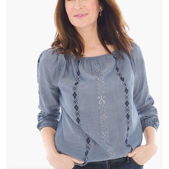Chicos Womens Top Sz 1 S Blue Chambray Embroidered Beaded Coastal Beachy Boho - Picture 1 of 10